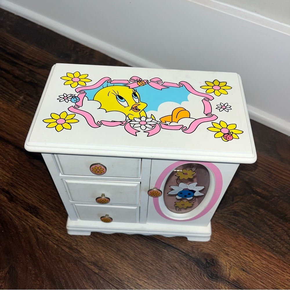 Y2K 1999 Vintage LOONEY TUNES Tweety Bird Wood Glass Pink Jewelry Box Rare